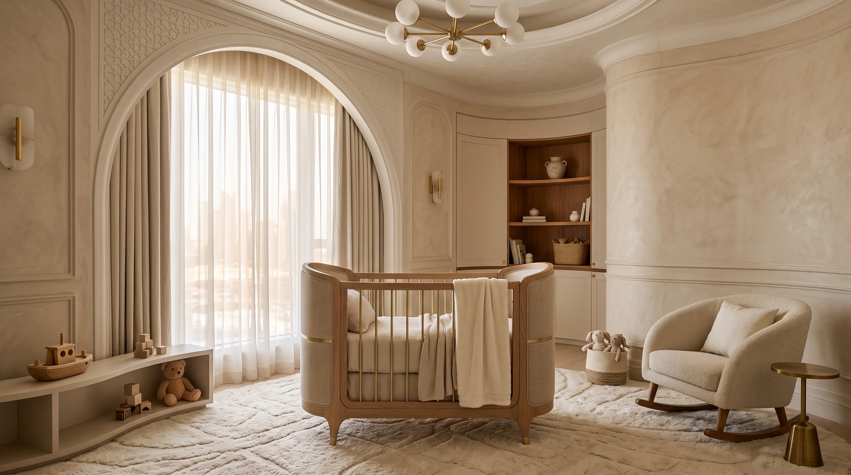Curated neutral baby room with curved timber joinery in The Pearl-Qatar